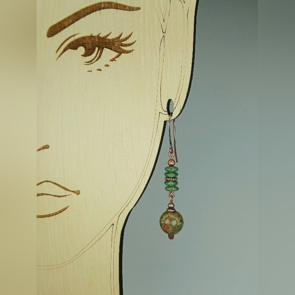 HAND CRAFTED Unakite Artisan Glass Green Pink Copper Boho Nature Stone Earrings - Picture 5 of 6